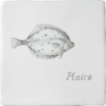 Cut out of aged crackle tile with hand painted plaice fish motif and a plaice title