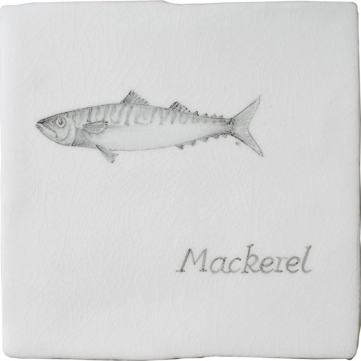 Cut out of aged crackle tile with hand painted mackerel fish motif and a mackerel title
