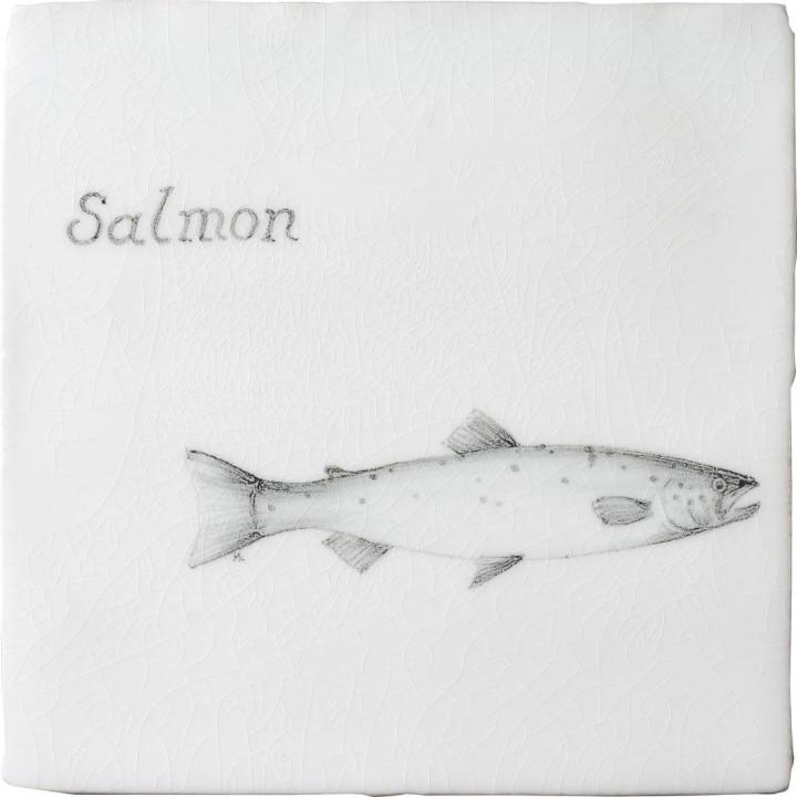 Cut out of aged crackle tile with hand painted salmon fish motif and a salmon title