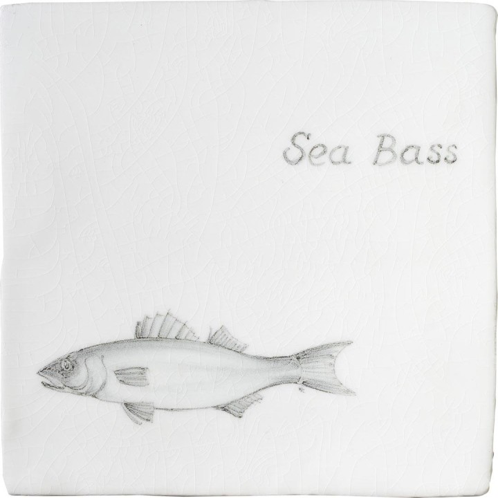 Cut out of aged crackle tile with hand painted sea bass fish motif and a sea bass title