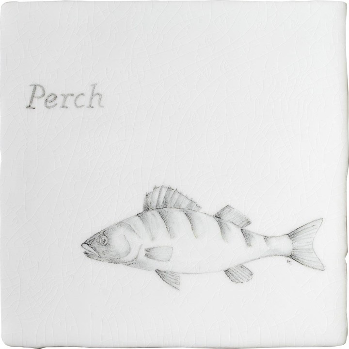 Cut out of aged crackle tile with hand painted perch fish motif and a perch title