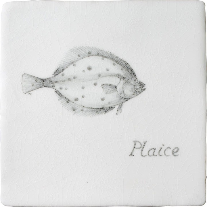 Cut out of aged crackle tile with hand painted plaice fish motif and a plaice title