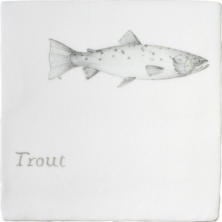 Cut out of aged crackle tile with hand painted trout fish motif and a trout title