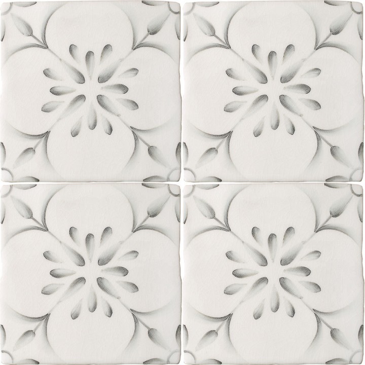 Cut out of four tile panel of decorative pattern tiles with a french vintage feel in a charcoal shade