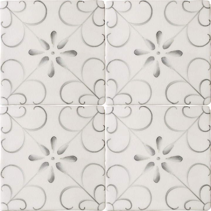 Cut out of four tile panel of decorative pattern tiles with a french vintage feel in a charcoal shade