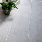 Hill Stone Purbeck Stone grey porcelain floor tiles with houseplant