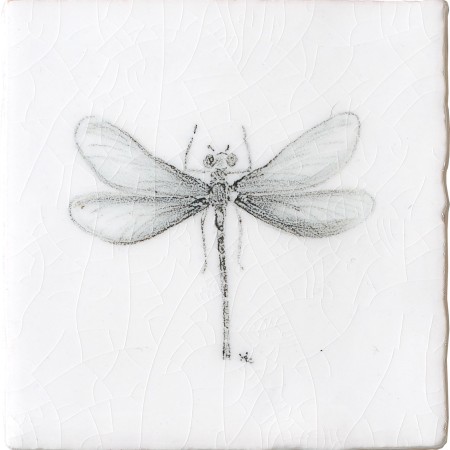 Cut out of a hand painted Dragonfly taco square tile in a charcoal etching style