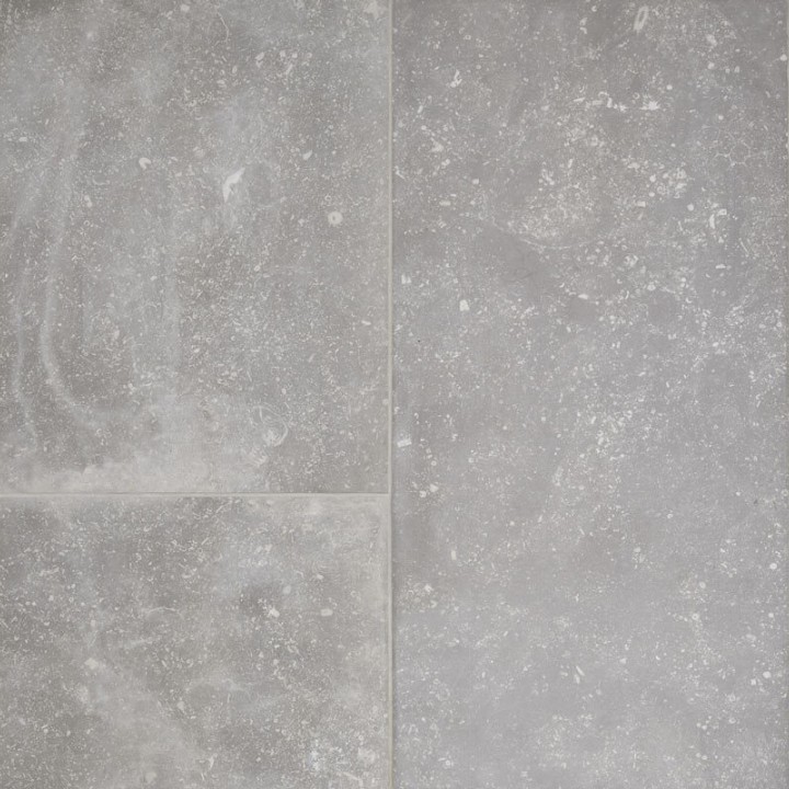 Floor of grey stone effect porcelain floor tile with Beige grout.