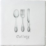Vintage kitchen cutlery antique white tile with charcoal illustration