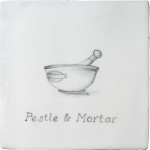 Vintage kitchen pestle and mortar antique white tile with charcoal illustration