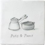 Vintage kitchen saucepans and pots antique white tile with charcoal illustration