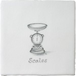 Vintage kitchen scales antique white tile with charcoal illustration