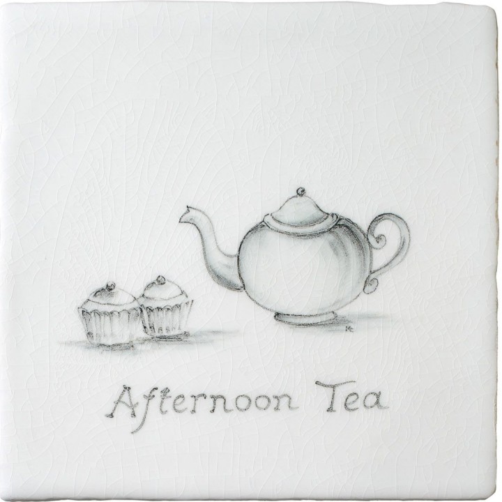 Vintage tea pot and tea set antique white tile with charcoal illustration