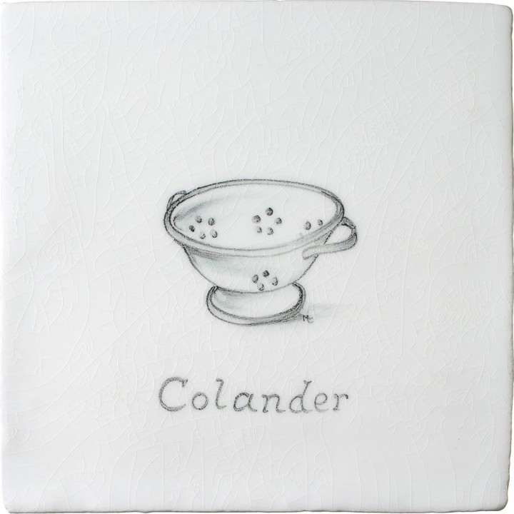 Vintage kitchen colander antique white tile with charcoal illustration