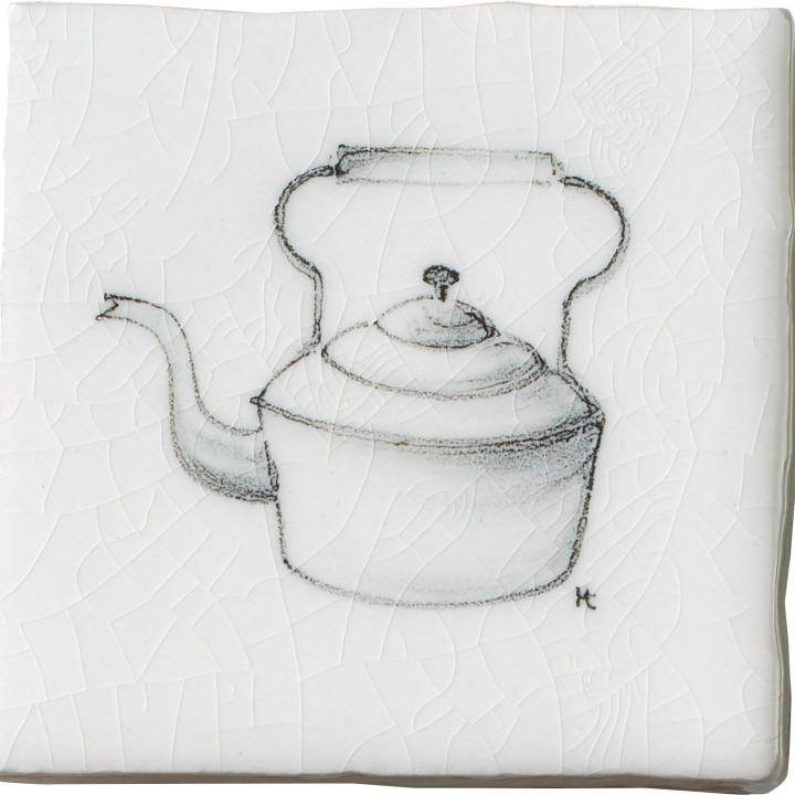 Vintage kitchen kettle antique white taco tile with charcoal illustration