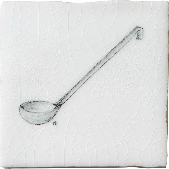 Vintage ladle antique white tile with charcoal illustration