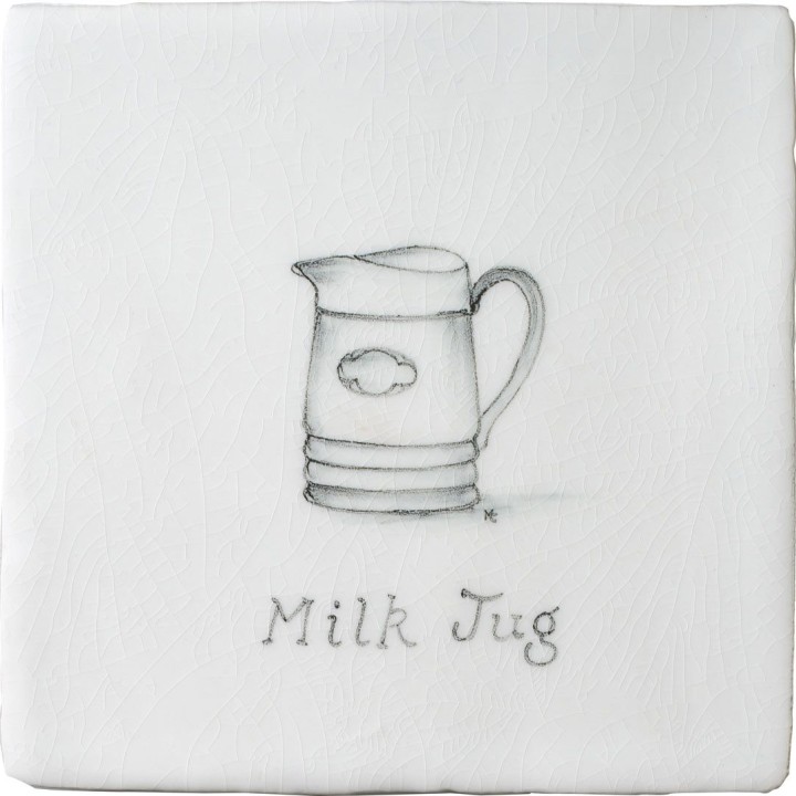 Vintage kitchen milk jug antique white tile with charcoal illustration