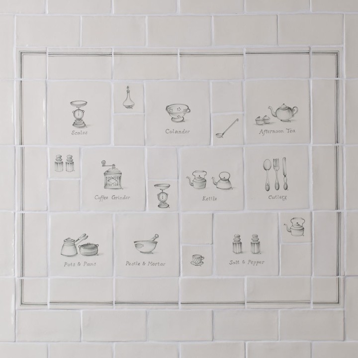 Wall of tiles with kitchenware and utensil illustrations in charcoal for a range cooker tile panel