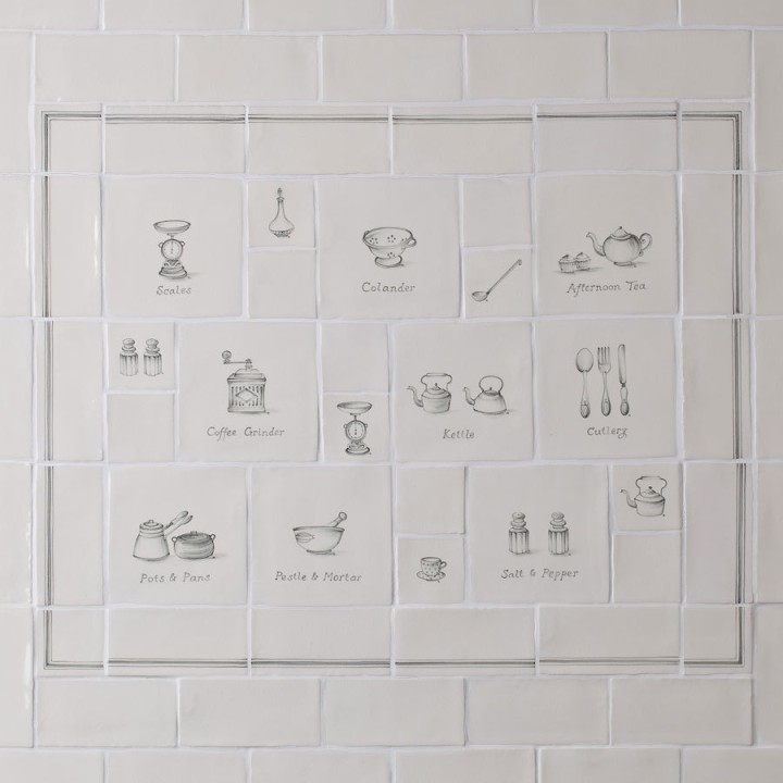 Wall of tiles with kitchenware and utensil illustrations in charcoal for a range cooker tile panel