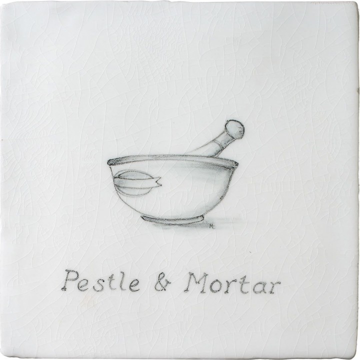 Vintage kitchen pestle and mortar antique white tile with charcoal illustration