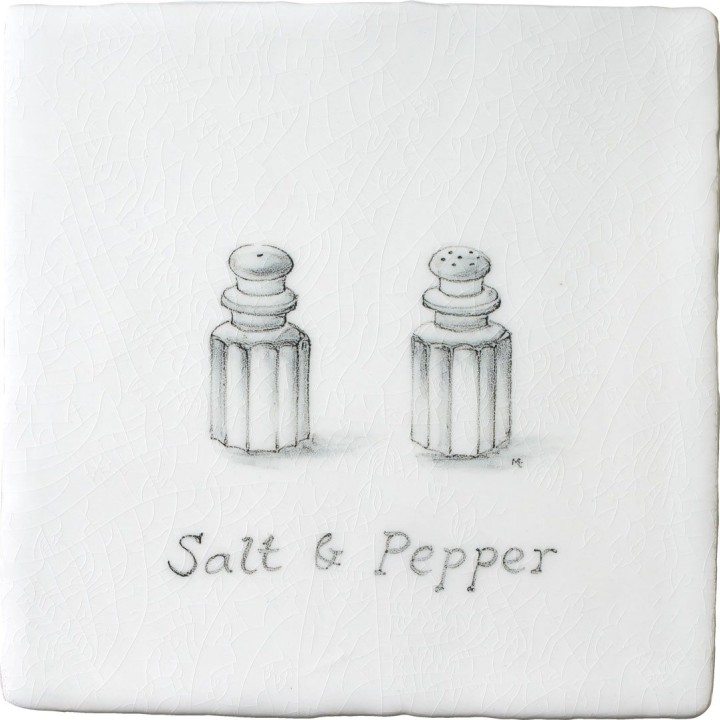 Vintage salt & pepper antique white tile with charcoal illustration