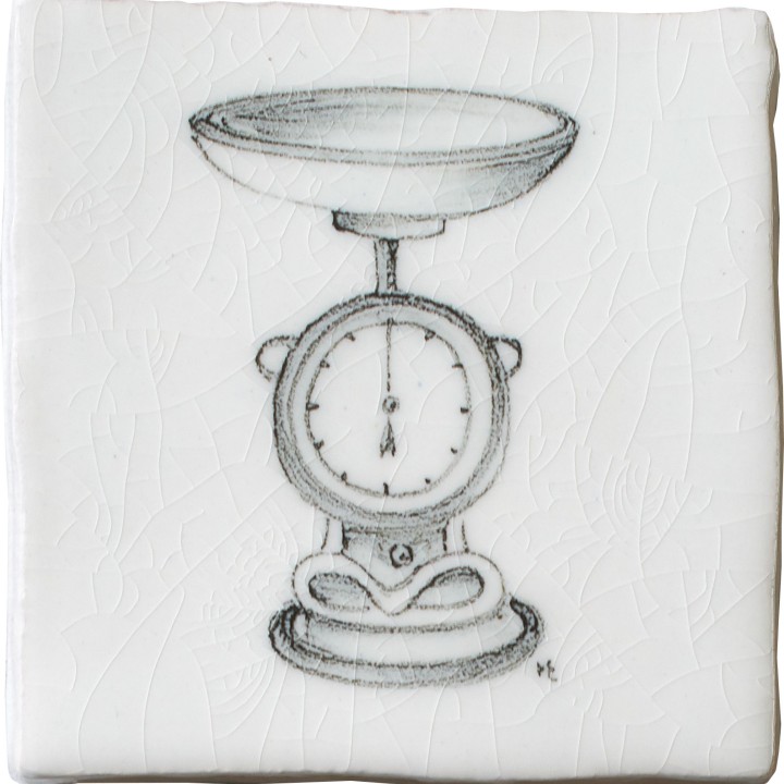 Vintage kitchen scales antique white taco tile with charcoal illustration