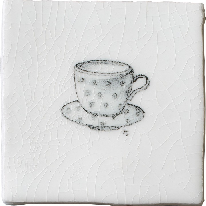 Vintage teacup antique white taco tile with charcoal illustration