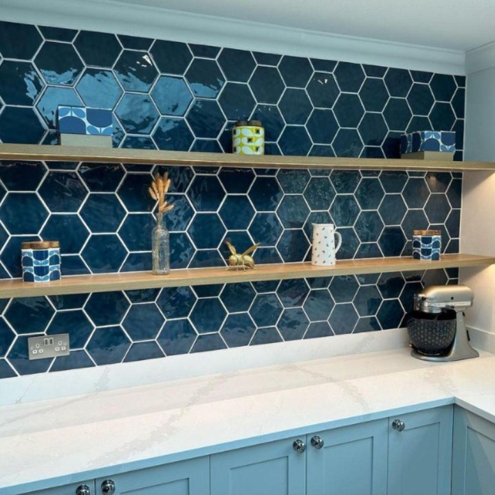 Latitude Shannon blue gloss hexagon wall tiles in kitchen