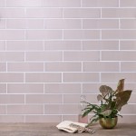 Wall of skinny metro blush pink matt tiles with white grout styled with a house plant