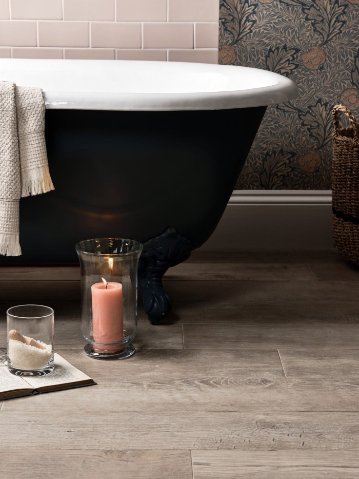 Matt plasterers pink white grout weathered oak honey morris and co wallpaper close up detail WEB