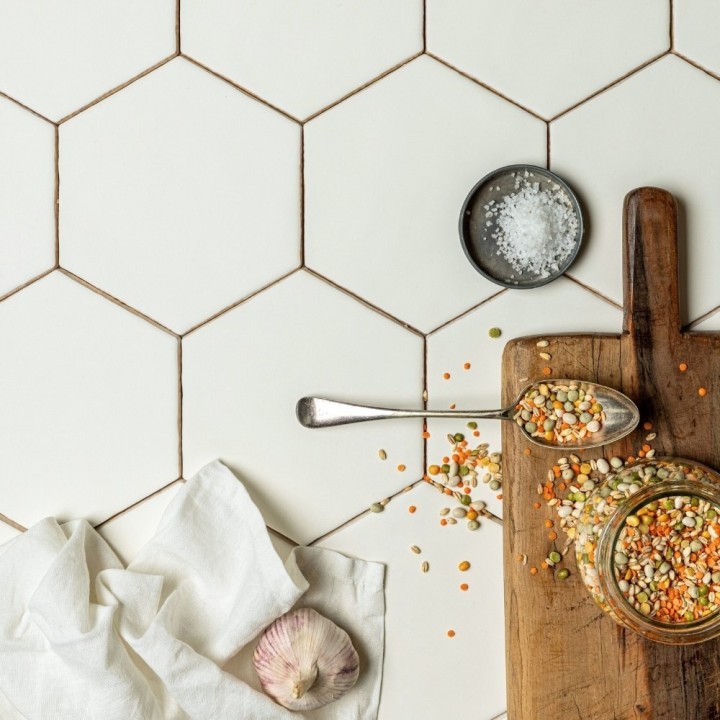 Matts Milk Yard White Hexagon stylised flatlay