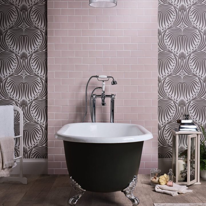 Our Matt Plasterers' Pink metro tile finished with white grout paired with Farrow & Ball Lotus wallpaper