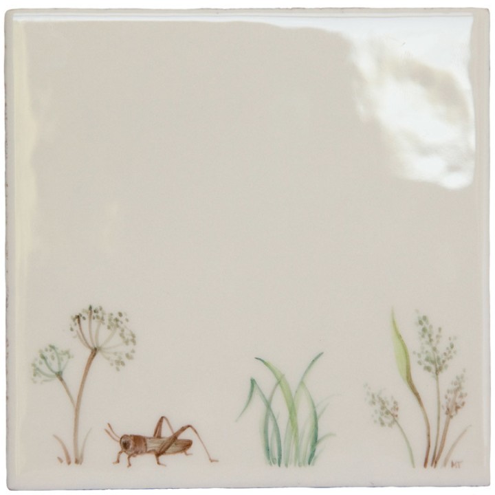 Cut out of a cricket sat amongst the pond grasses on an ivory tile