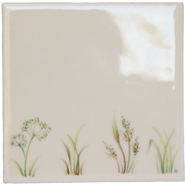 Cut out of a green pond grasses hand painted on an ivory tile