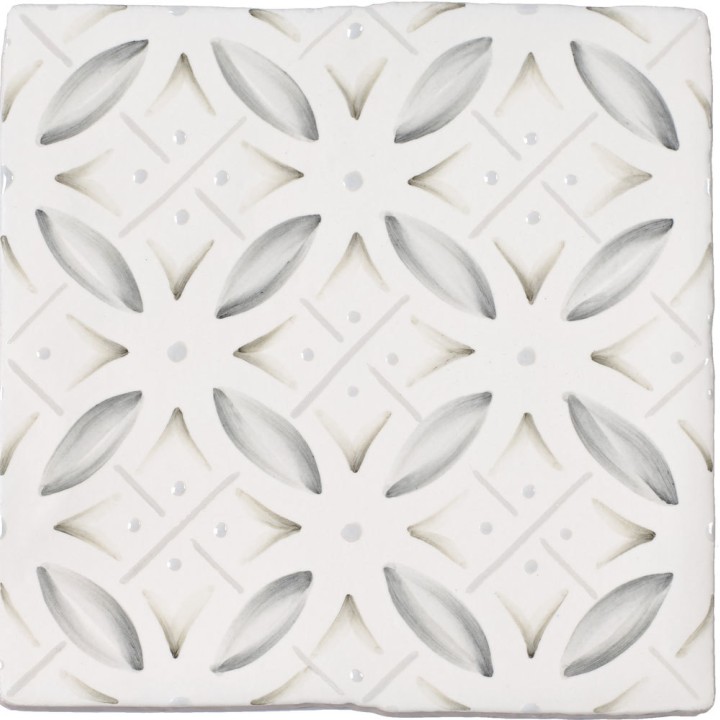Cut out of a sage green circular pattern square tile