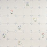 Wall of polychrome delft flower tiles paired with plain tiles and jasmine grout