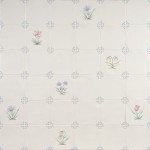 Wall of polychrome delft flower tiles paired with plain tiles and jasmine grout