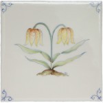 Cut out of an ivory square tile with hand painted delft corners and fritillary yellow flower