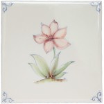 Cut out of an ivory square tile with hand painted delft corners and red flower