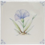 Cut out of an ivory square tile with hand painted delft corners and blue fan flower