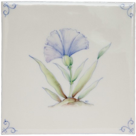 Cut out of an ivory square tile with hand painted delft corners and blue fan flower