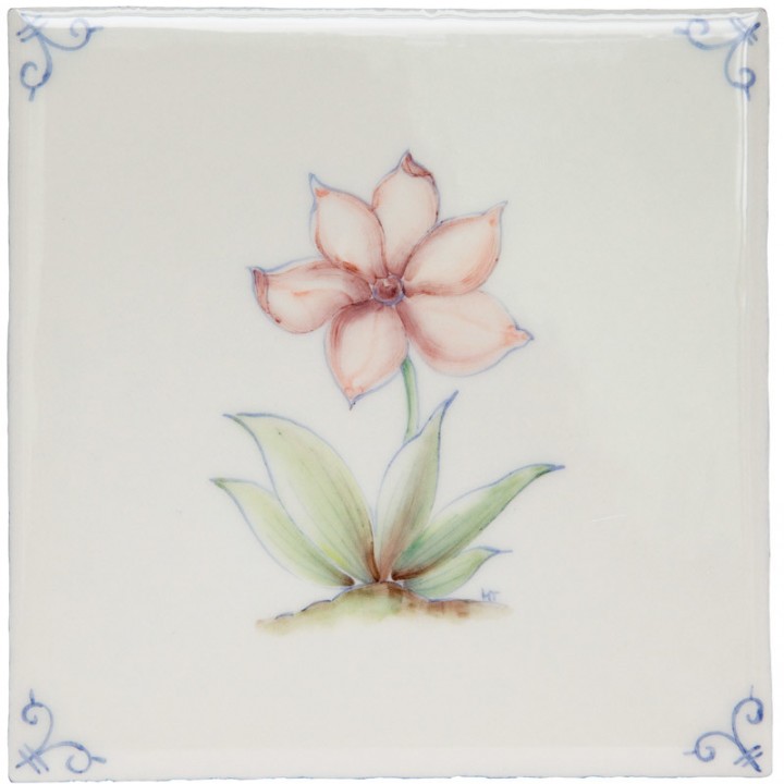 Cut out of an ivory square tile with hand painted delft corners and red flower