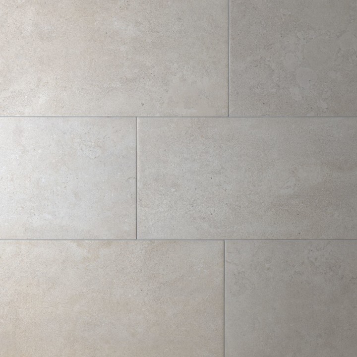 Floor of pale limestone effect rectangle porcelain tiles