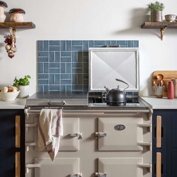 Savernake Blenheim Road small brick tiles behind Everhot range cooker