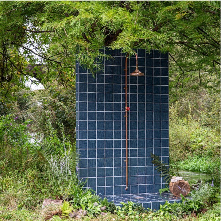 Savernake Figgins Lane square wall tiles used in an outdoor shower