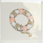 A cut out of an antique white square tile with life ring illustration