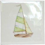 A cut out of an antique white square tile with sailing dinghy illustration