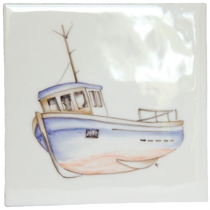 A cut out of an antique white square tile with fishing boat illustration
