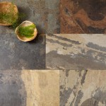 Floor of rectangle slate effect porcelain floor tile with an earthy mixture of colours with rusty red, brown and grey