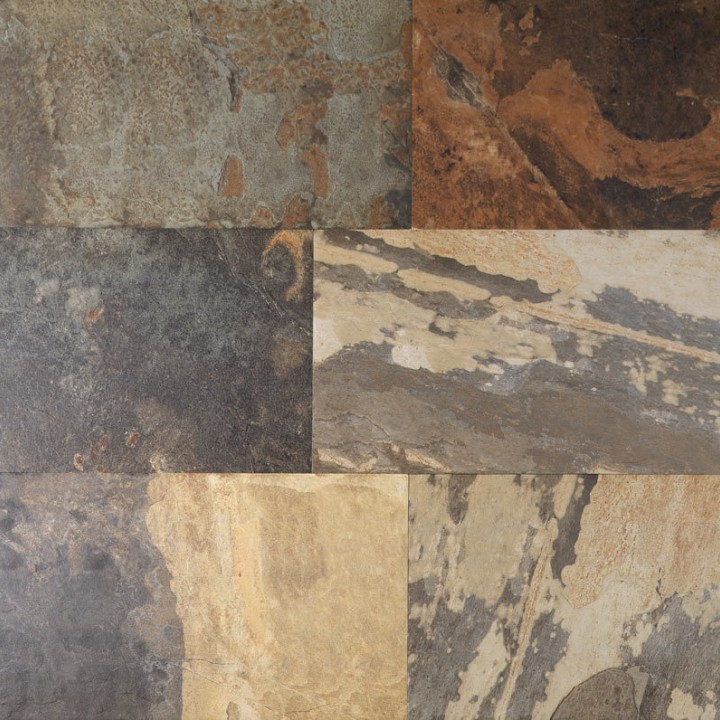 Floor of rectangle slate effect porcelain floor tile with an earthy mixture of colours with rusty red, brown and grey